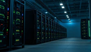 Crypto mining operation featuring ASIC rigs in a high-tech warehouse environment with ambient lighting.