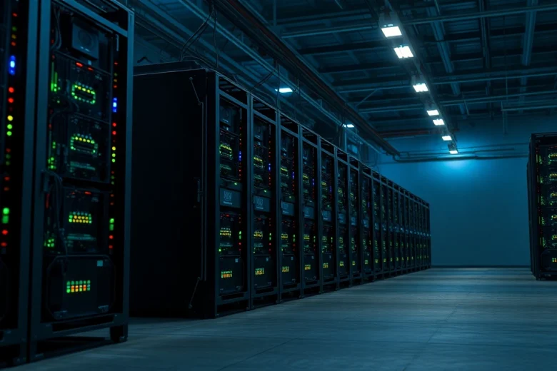 Crypto mining operation featuring ASIC rigs in a high-tech warehouse environment with ambient lighting.