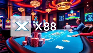 XX88 showcases an exciting online gambling scene with poker and vibrant casino elements.