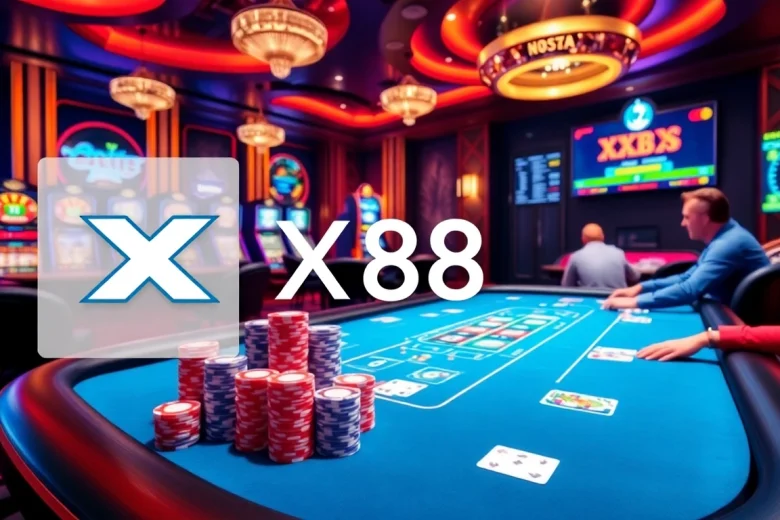 XX88 showcases an exciting online gambling scene with poker and vibrant casino elements.