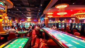 คาสิโนที่เต็มไปด้วยผู้เล่นและเกมที่น่าตื่นเต้นในบรรยากาศหรูหรา