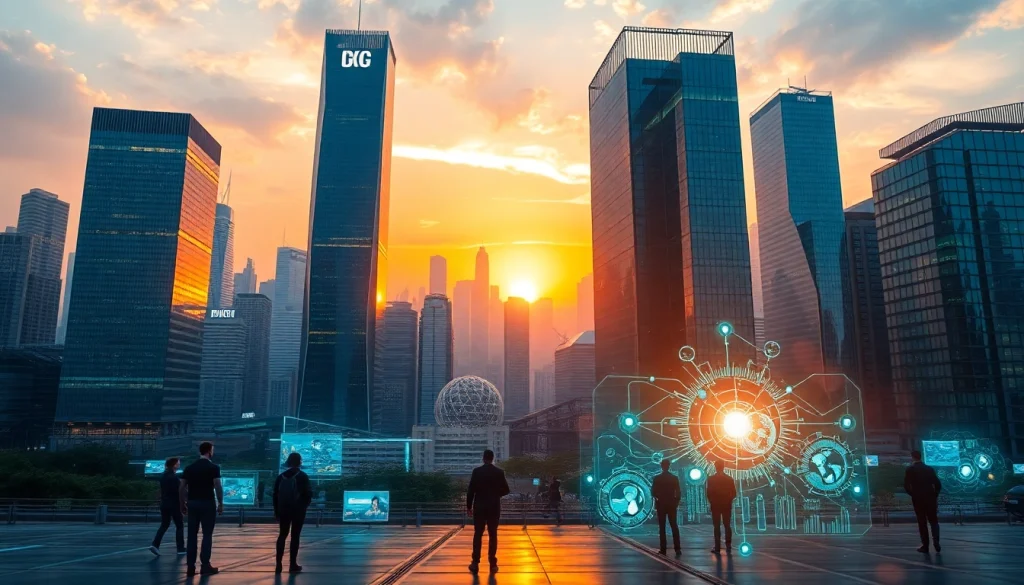 Engaging visual of Technology with futuristic cityscape representing innovation and collaboration.