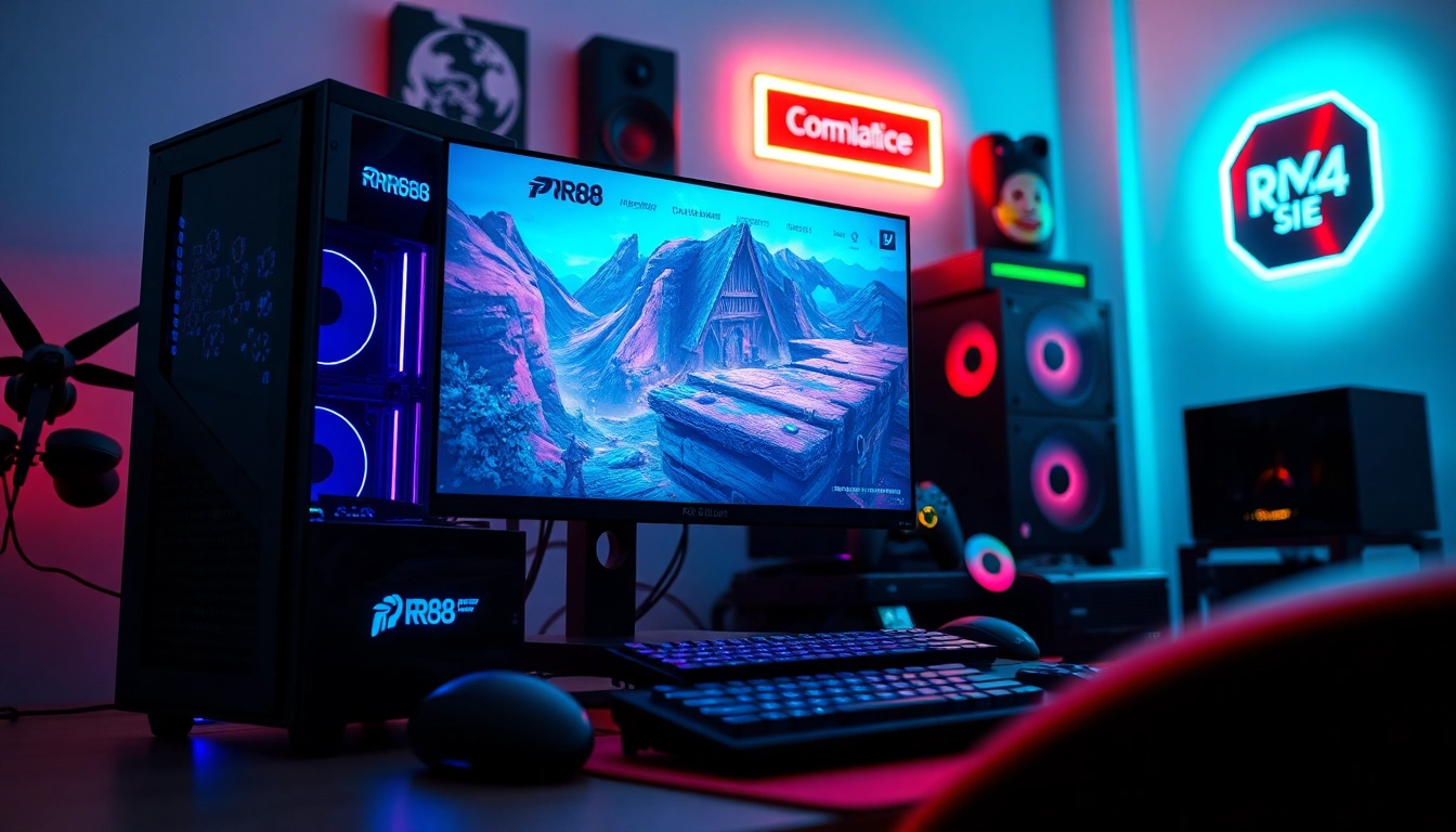 Showcasing a gaming setup themed around RR88 with vibrant lighting and sleek equipment.