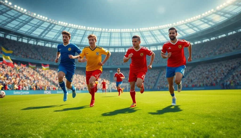 Cheerful players showcasing cheap football kits during an exciting football match in a vibrant stadium.