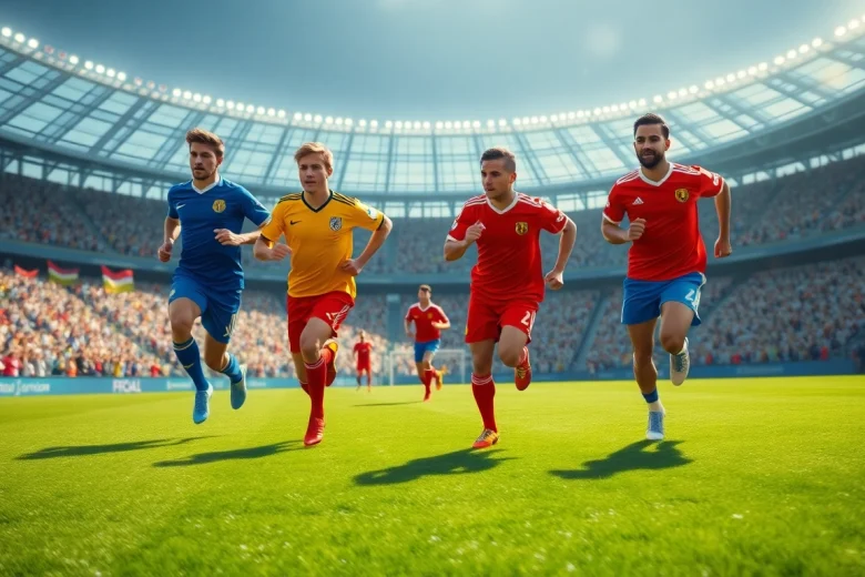 Cheerful players showcasing cheap football kits during an exciting football match in a vibrant stadium.
