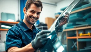 Repairing affordable auto glass Northglenn with a professional technician in a garage setting.