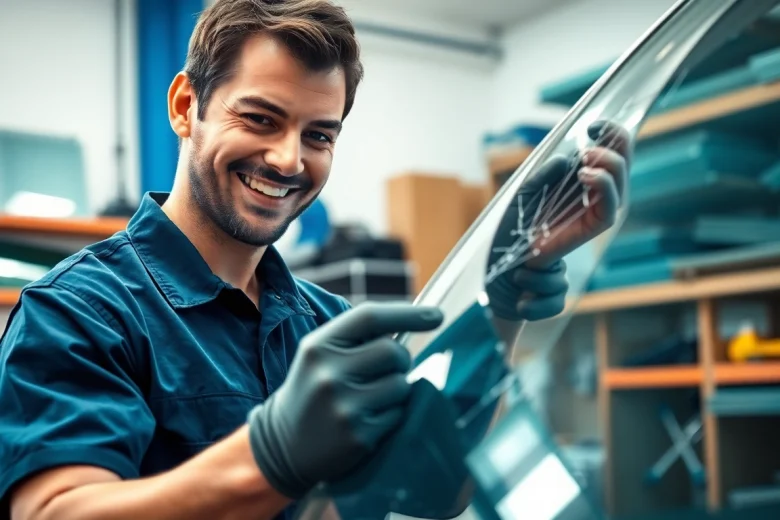 Repairing affordable auto glass Northglenn with a professional technician in a garage setting.