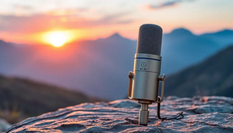 Showcasing the MV 88 microphone in a vibrant outdoor setting during sunset.