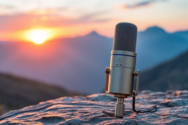 Showcasing the MV 88 microphone in a vibrant outdoor setting during sunset.