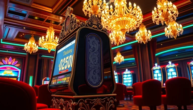 Tampilkan slot mewah luxury333 yang dikelilingi suasana kasino yang glamor.