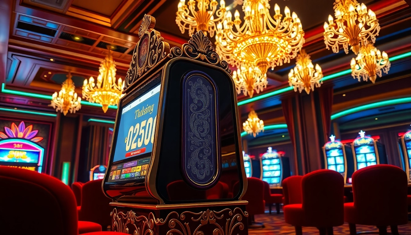 Tampilkan slot mewah luxury333 yang dikelilingi suasana kasino yang glamor.