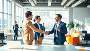 Engaged professionals discussing new hire jobs in a bright office environment.