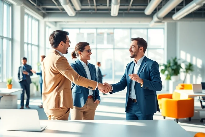 Engaged professionals discussing new hire jobs in a bright office environment.