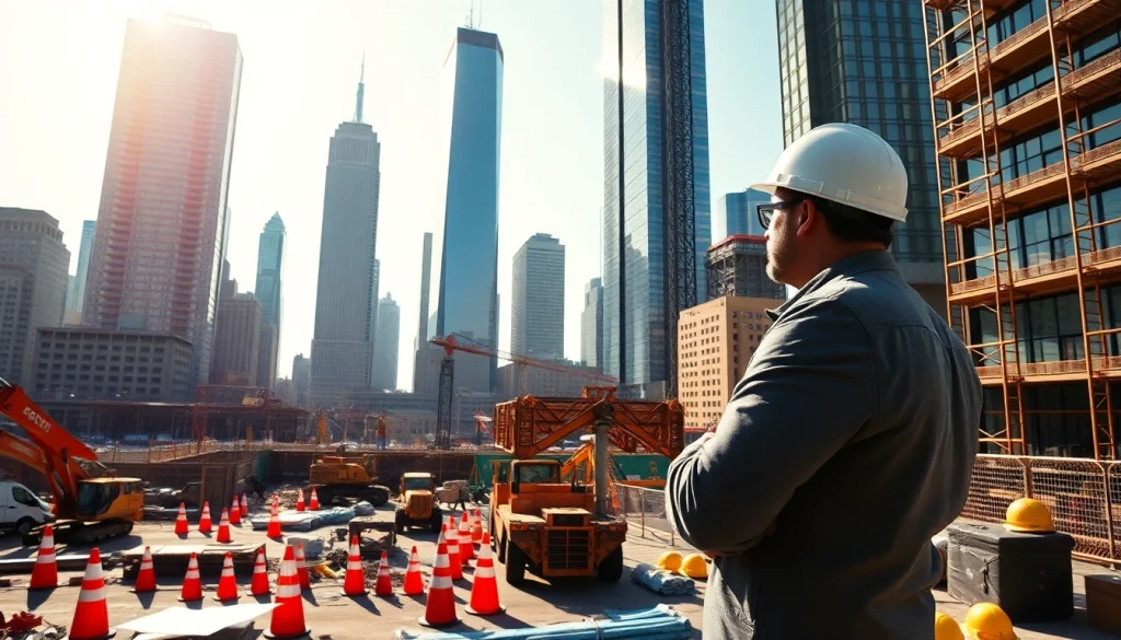 New York City Construction Manager supervising a vibrant construction site in a bustling urban setting.