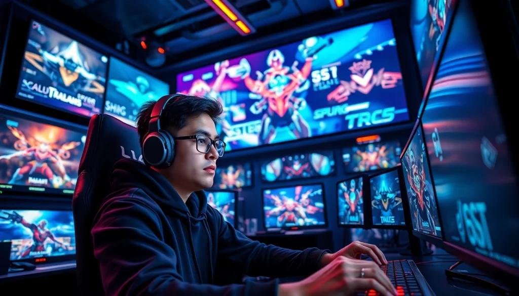 Engaging professional gamer at https://gamelevate.com in a dynamic, illuminated gaming setup.