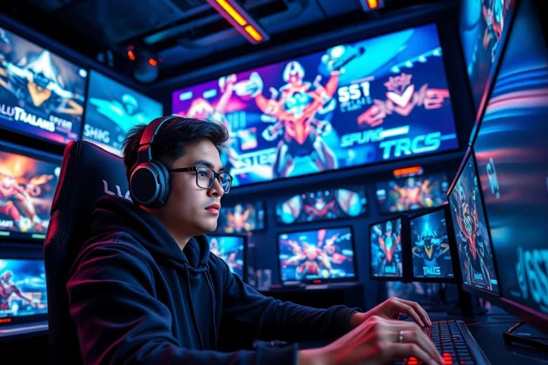 Engaging professional gamer at https://gamelevate.com in a dynamic, illuminated gaming setup.
