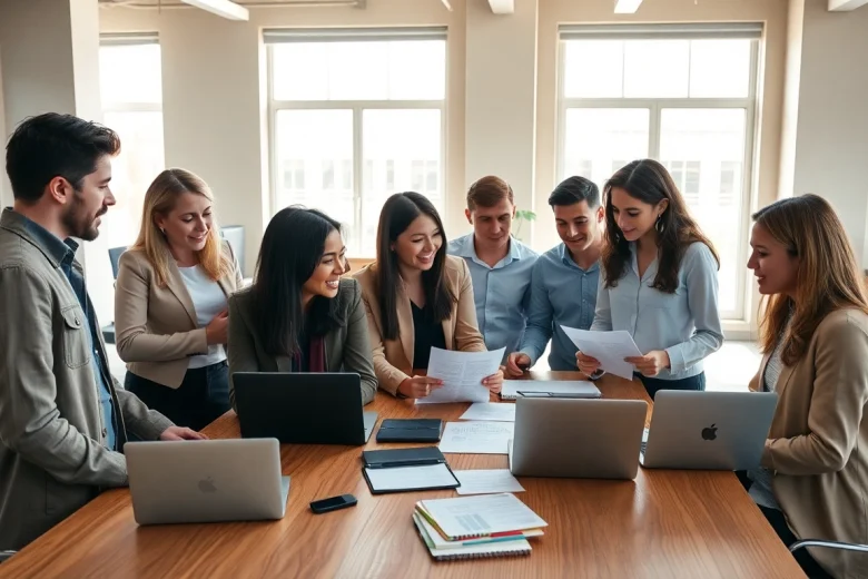 Collaborative team discussion at https://www.elitetranslingo.com in a modern office setting.