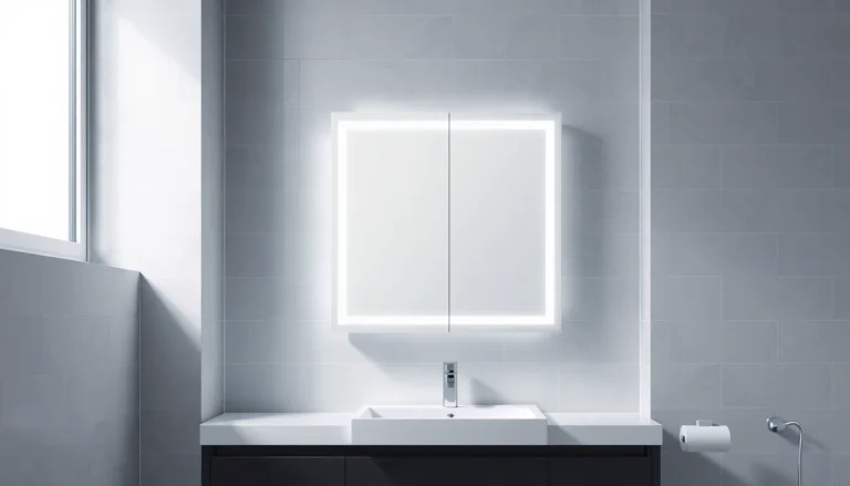 Sonni Spiegelschrank mit eleganter LED-Beleuchtung in modernem Badezimmer.