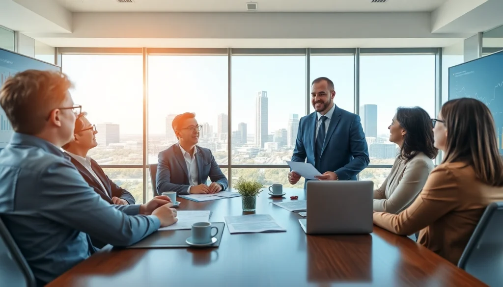 Engaging financial advisor San Antonio discussing strategy with clients in a modern office.