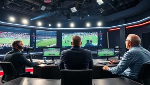 스포츠중계 라이브 중계 장면에서 열정적인 해설자와 생생한 화면을 보여줍니다.