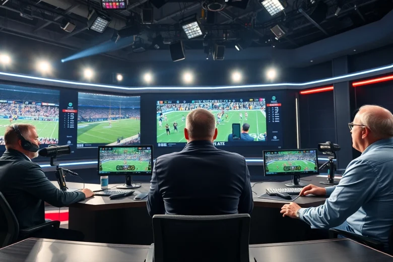 스포츠중계 라이브 중계 장면에서 열정적인 해설자와 생생한 화면을 보여줍니다.