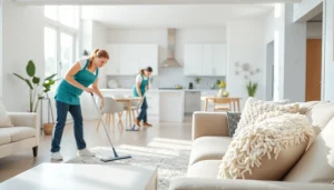 Cleaning Service professionals performing a meticulous clean in a bright, modern living space.