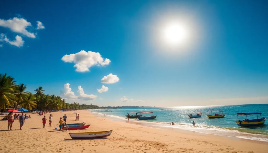 Clima em Paripueira retratado com uma cena de praia ensolarada, destacando a beleza tropical e águas calmas.