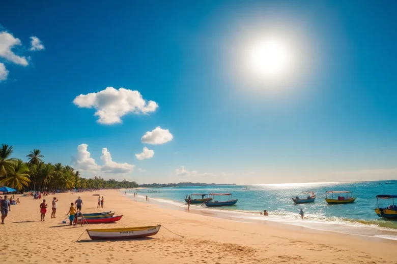 Clima em Paripueira retratado com uma cena de praia ensolarada, destacando a beleza tropical e águas calmas.