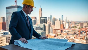 New York City Construction Manager reviewing blueprints in a vibrant NYC skyline.