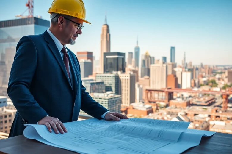 New York City Construction Manager reviewing blueprints in a vibrant NYC skyline.