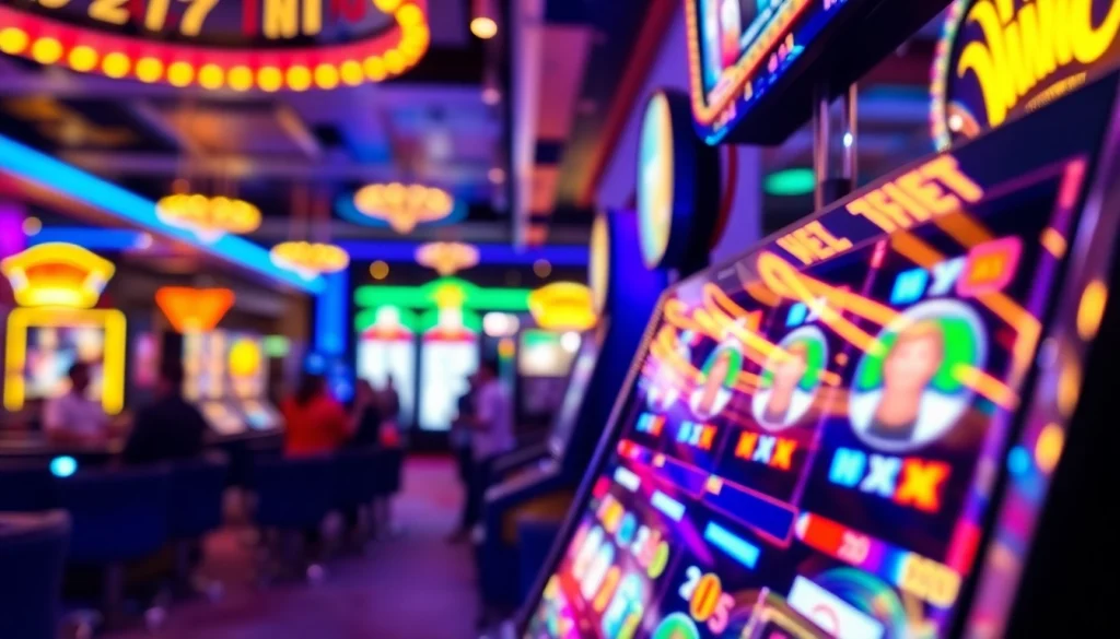 Putar slot mesin dengan simbol berwarna-warni di kasino yang meriah