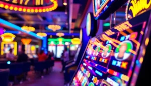 Putar slot mesin dengan simbol berwarna-warni di kasino yang meriah