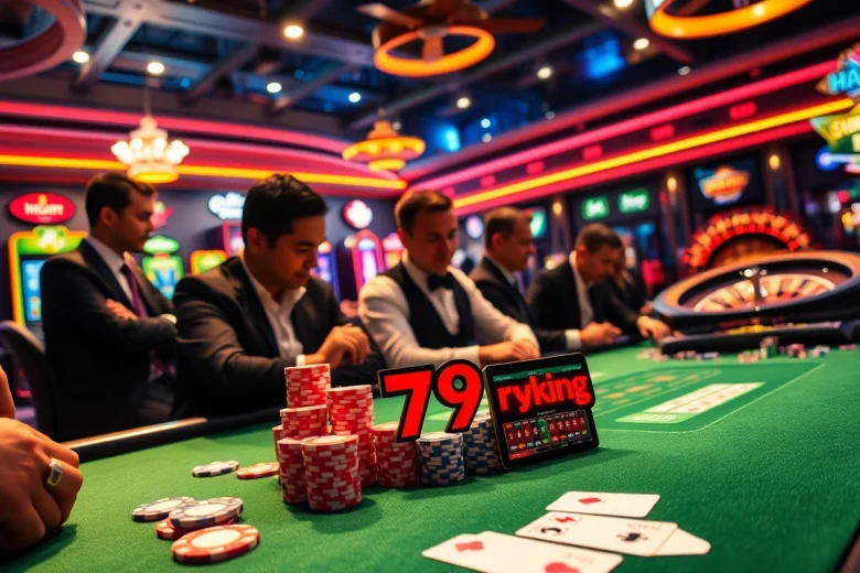Experience the thrill of betting at 79king's poker table, with vibrant chips and cards set for an exciting game.