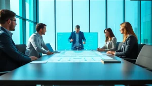 Engaged professionals discussing solutions with a uk voip provider in a modern office setting.