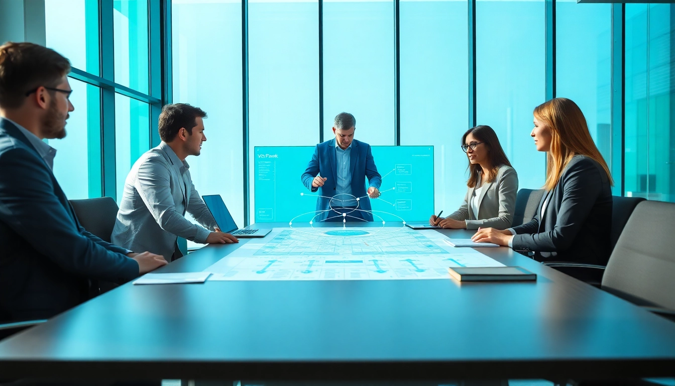 Engaged professionals discussing solutions with a uk voip provider in a modern office setting.