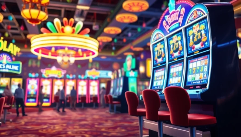 Putar slot dengan lampu neon cerah dan pemain yang bersemangat di kasino.