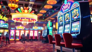 Putar slot dengan lampu neon cerah dan pemain yang bersemangat di kasino.