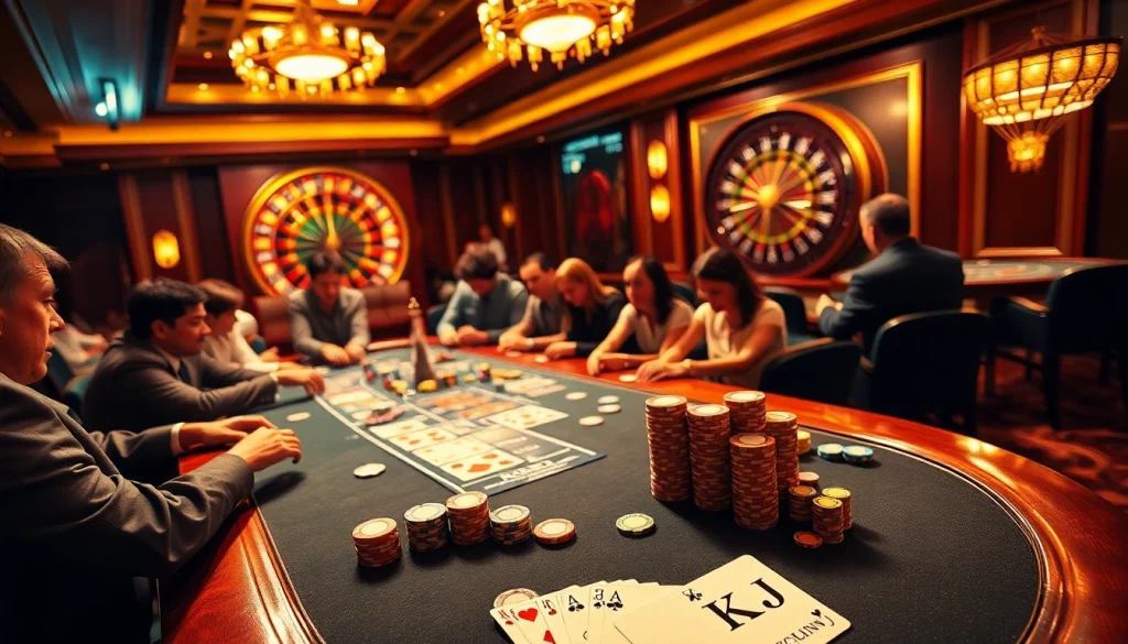 KJC players enjoying a thrilling poker game with vibrant chips under warm casino lights.