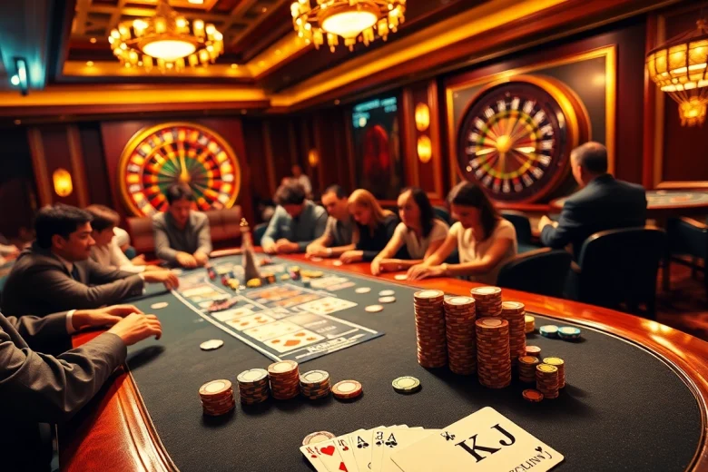 KJC players enjoying a thrilling poker game with vibrant chips under warm casino lights.