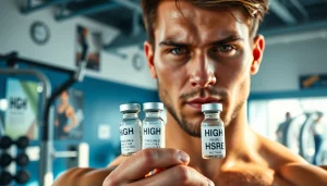 Prominent athlete showcasing HGH FOR SALE products in a fitness environment.