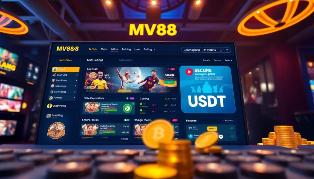 MV88 online gaming platform interface showcasing secure USDT transactions and vibrant promotions.