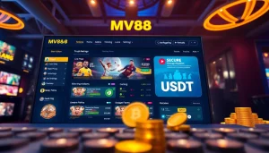 MV88 online gaming platform interface showcasing secure USDT transactions and vibrant promotions.