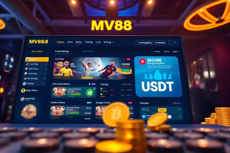 MV88 online gaming platform interface showcasing secure USDT transactions and vibrant promotions.