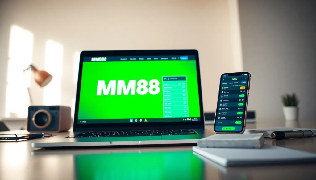 Engaging MM88 sports betting setup featuring a laptop and smartphone with live odds.