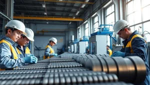 Visualize an NdFeB magnets manufacturer in china showcasing a high-tech magnet production process.