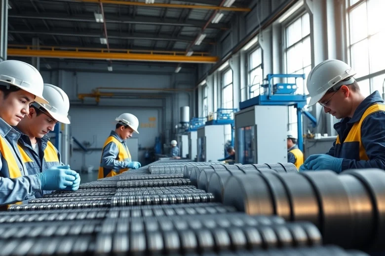 Visualize an NdFeB magnets manufacturer in china showcasing a high-tech magnet production process.