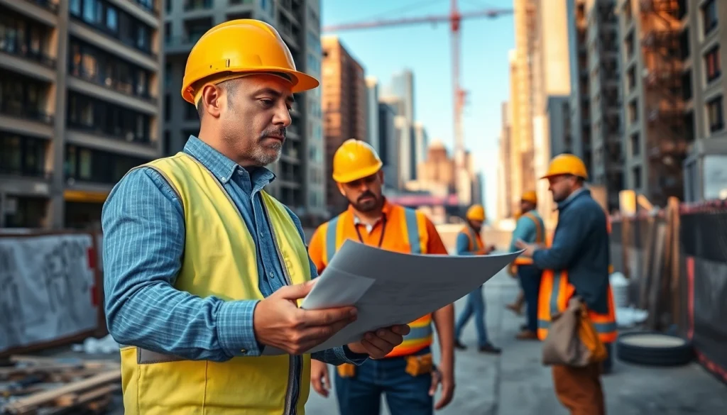New York General Contractor overseeing a busy construction site with workers and equipment.