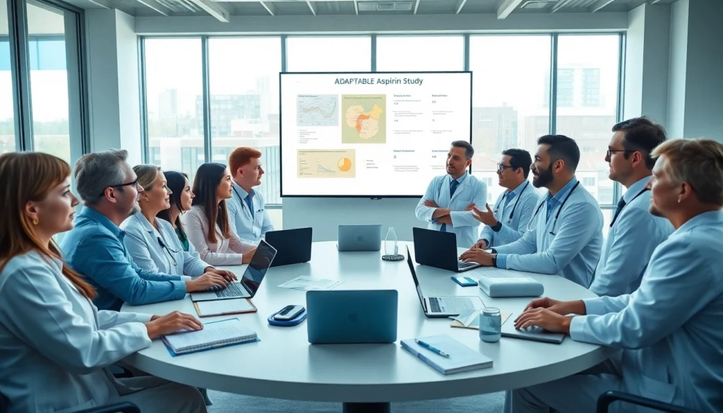 Collaborative discussion about the ADAPTABLE Aspirin Study among healthcare professionals in a conference room.