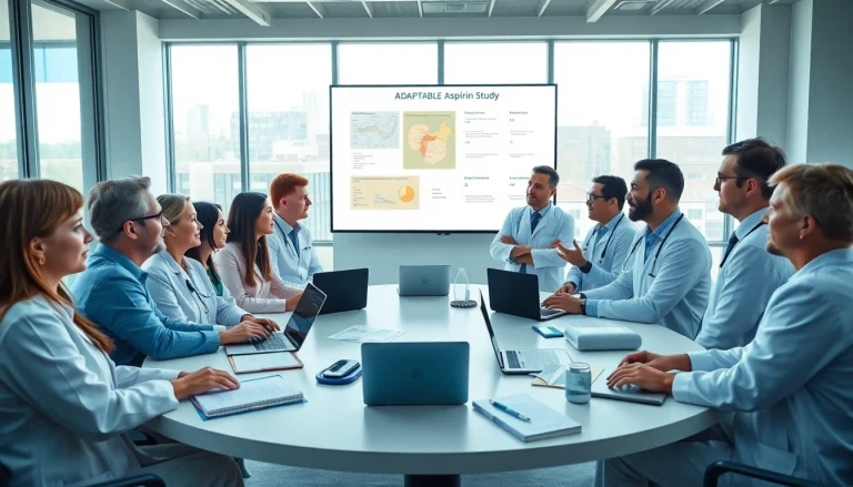 Collaborative discussion about the ADAPTABLE Aspirin Study among healthcare professionals in a conference room.