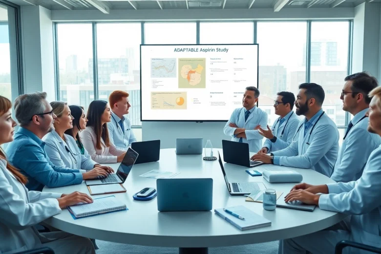 Collaborative discussion about the ADAPTABLE Aspirin Study among healthcare professionals in a conference room.